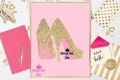 Gold Sparkle High Heels Pink Background-