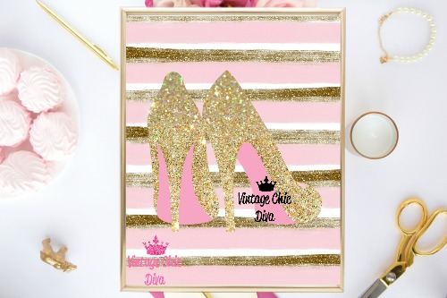 Gold Sparkle High Heels Pink Gold Stripe Background-