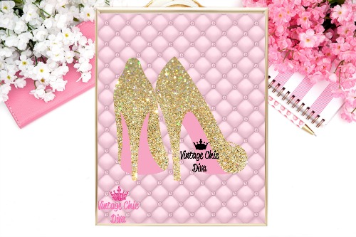 Gold Sparkle High Heels Pink Tufted Background-