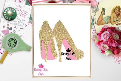 Gold Sparkle High Heels White Background-