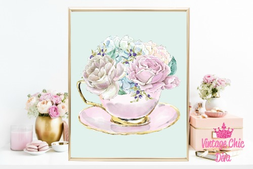 Laduree Paris Tea Flowers Green Background-