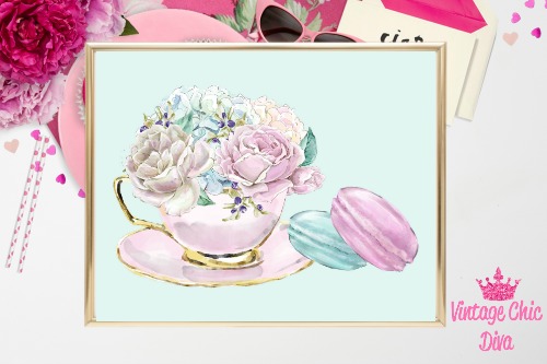 Laduree Paris Tea Flowers Macarons Green Background-