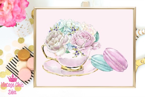 Laduree Paris Tea Flowers Macarons Pink Background-