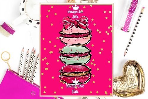 Macaron Set Bow Bright Pink Gold Dots Background-