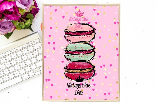 Macaron Set Pink Gold Hearts Background-