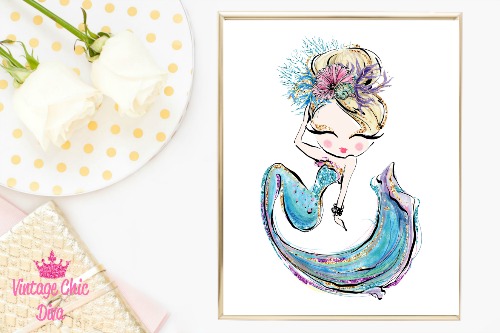 Mermaid Blue White Background-
