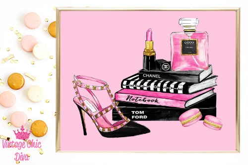 Paris Fashion Girl Books Perfume Shoe Set Pink Background-