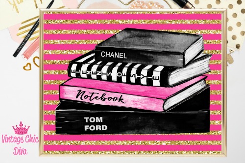 Paris Fashion Girl Books Pink Gold Stripe Background-