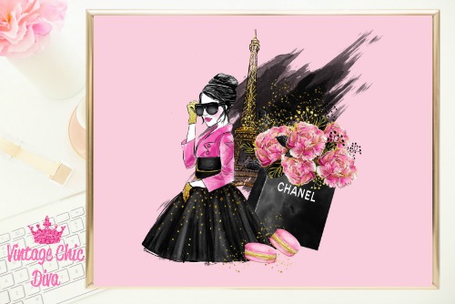 Paris Fashion Girl Set Black Paint Pink Background-