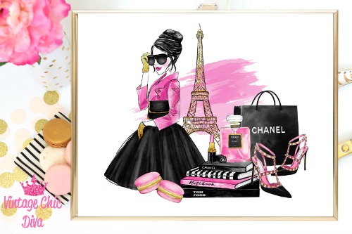 Paris Fashion Girl Set Pink Paint White Background-