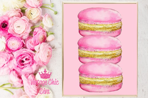 Paris Fashion Pink Gold Macarons Pink Background-