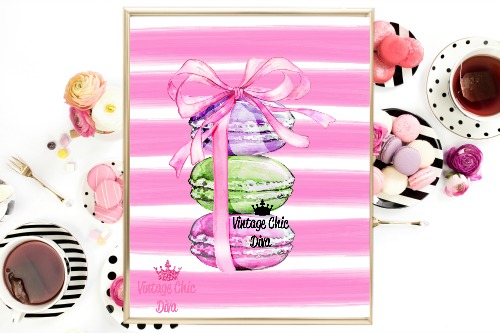 Pastel Macaron Set Pink White Stripe Background-