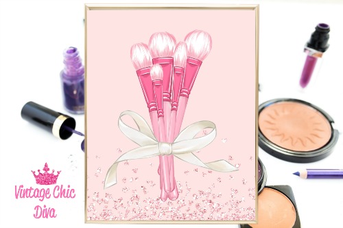 Pink Makeup Brush Set Pink Glitter Background-