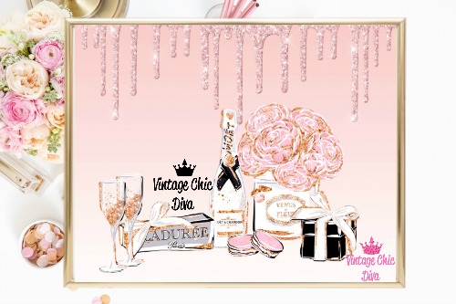 Pink Paris Macaron Set2 Pink Glitter Drip Background-