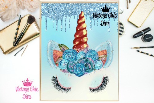 Unicorn Face84 Blue Glitter Drip Background-