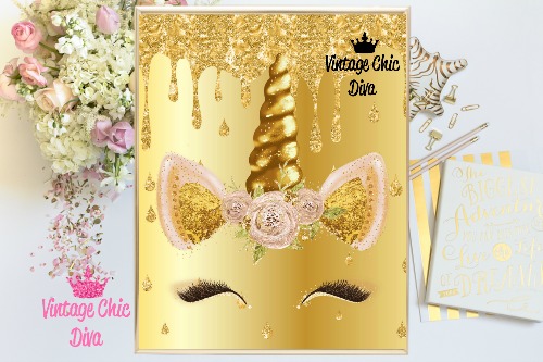 Unicorn Face85 Gold Glitter Drip Background-