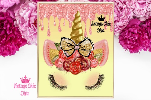 Unicorn Face Bow82 Gold Pink Glitter Drip Background-