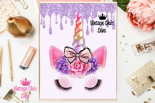 Unicorn Face Bow83 Purple Glitter Drip Background-