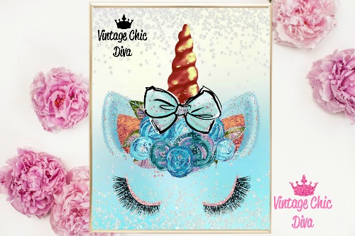 Unicorn Face Bow84 Blue Diamond Confetti Background-