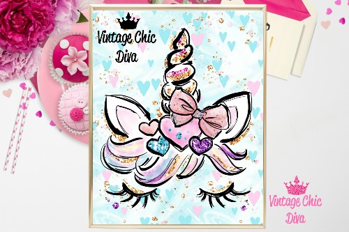 Unicorn Face Bow89 Pastel Hearts Background-