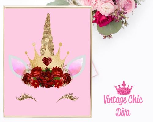 Unicorn Face Gold Crown Pink Background-