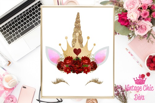 Unicorn Face Gold Crown White Background-