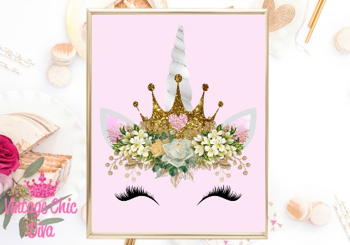Unicorn Face Gold Glitter Crown Pink Background-