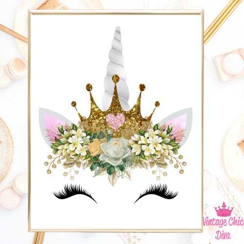 Unicorn Face Gold Glitter Crown White Background-