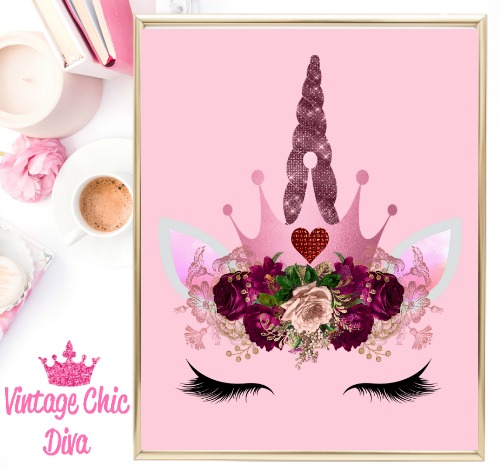 Unicorn Face Light Pink Crown Pink Background-