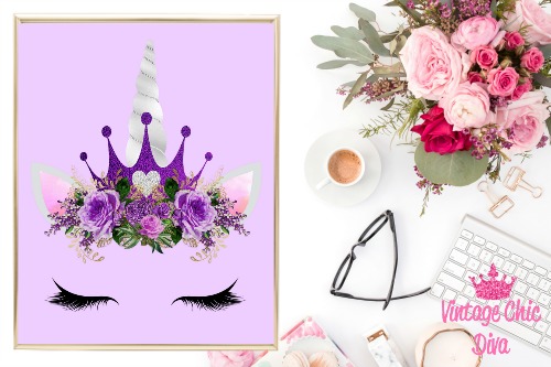 Unicorn Face Purple Crown Purple Background-