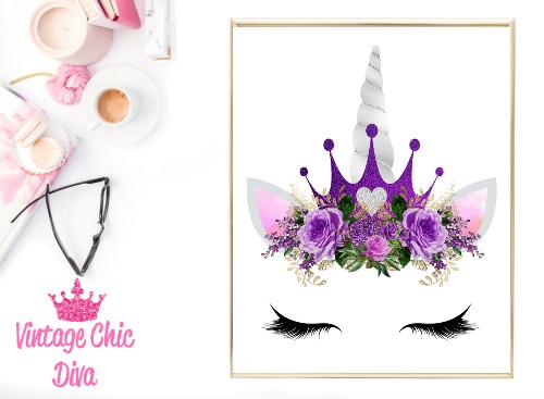 Unicorn Face Purple Crown White Background-